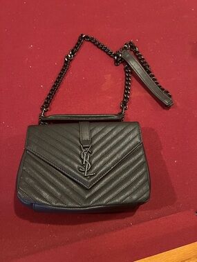 Saint Laurent Black Quilted Chevron Shoulder Bag with Chain